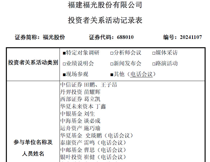 福光股份：12月23日接受机构调研，国金证券股份有限公司、交银施罗德基金管理有限公司参与